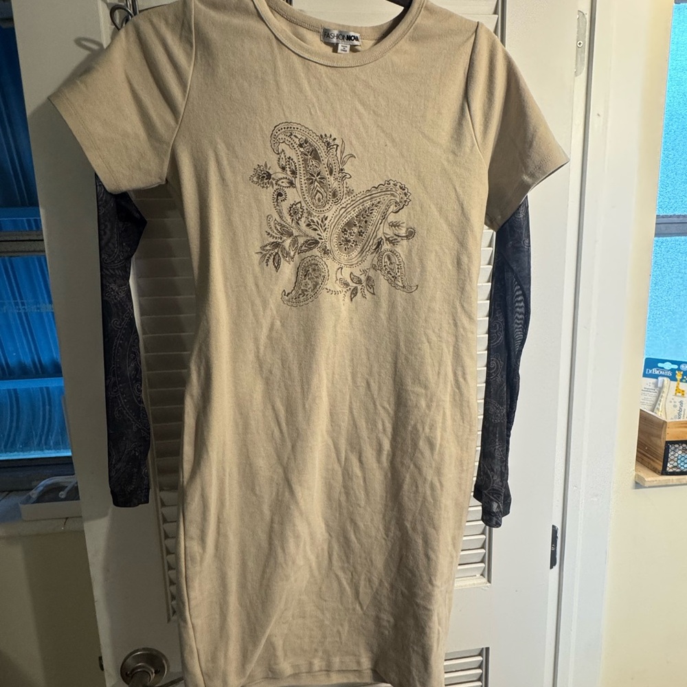 Fashion Nova Beige Dress with Black Paisley Sleeves